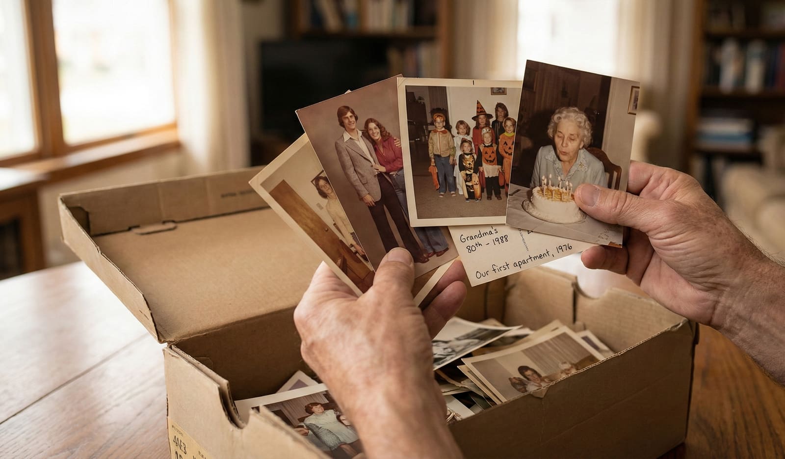 Hands examining old family photographs