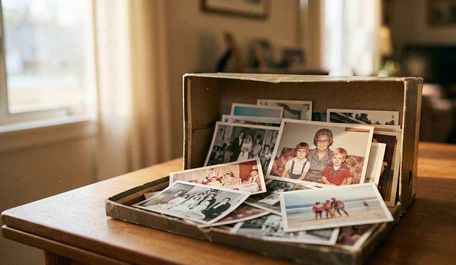 An overflowing shoebox of loose family photographs waiting to be scanned and organized